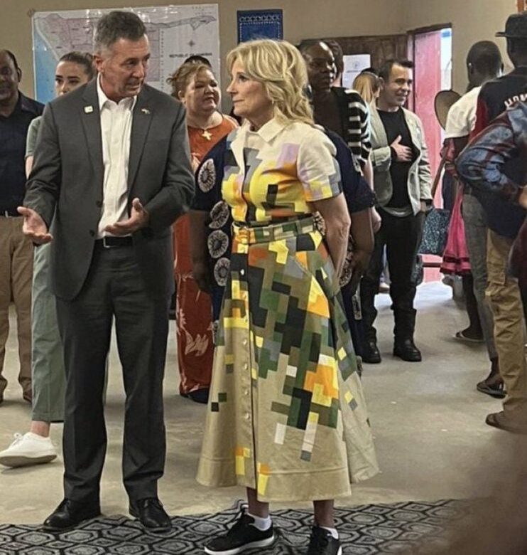 Dr. Jill Wears Her Hideous ‘Minecraft’ Dress Again During Visit to Namibia… and What’s with Her Shoes?
